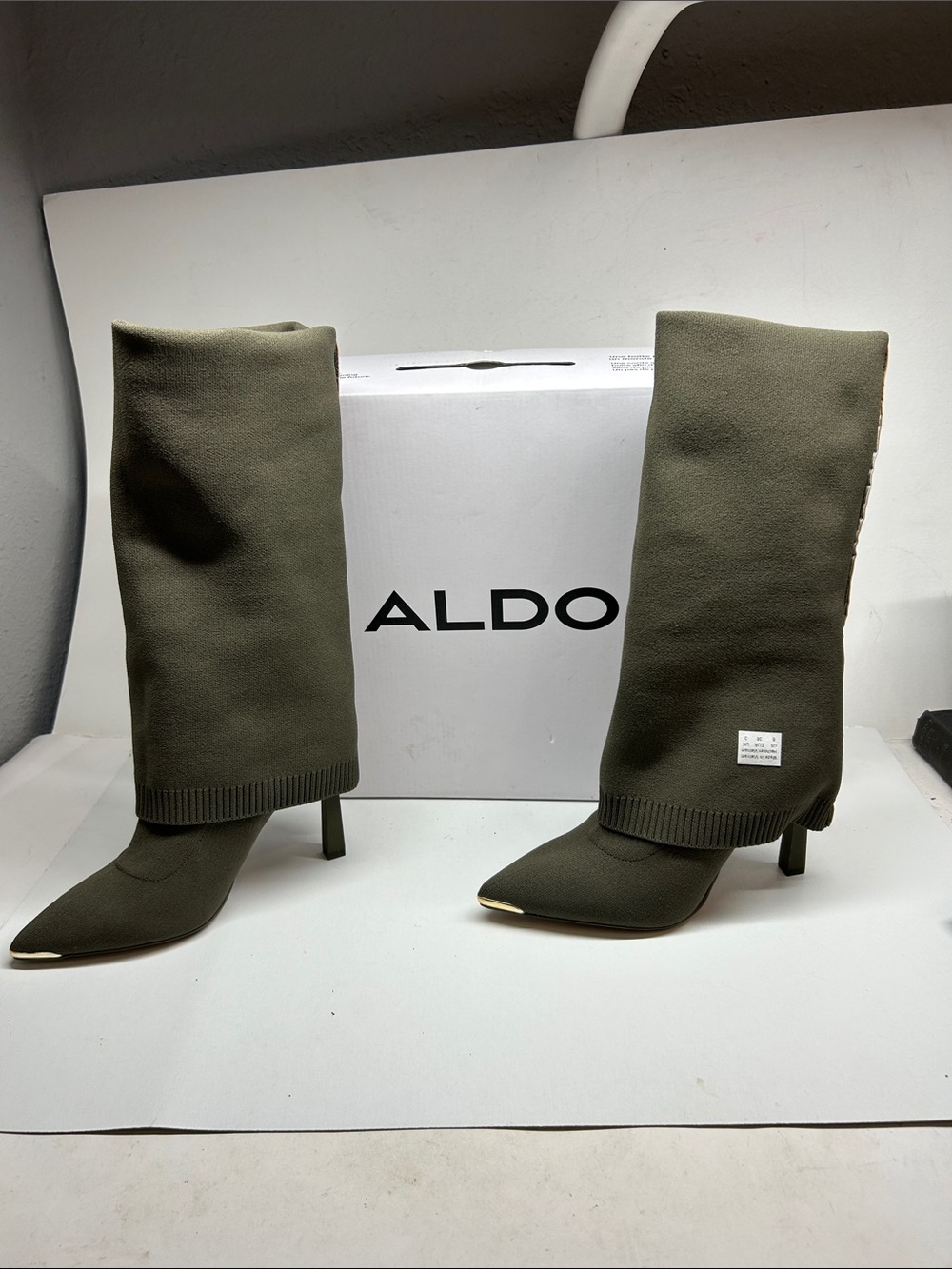 ALDO Olive Knee-High Sock Stiletto Boots with Pointed Toe